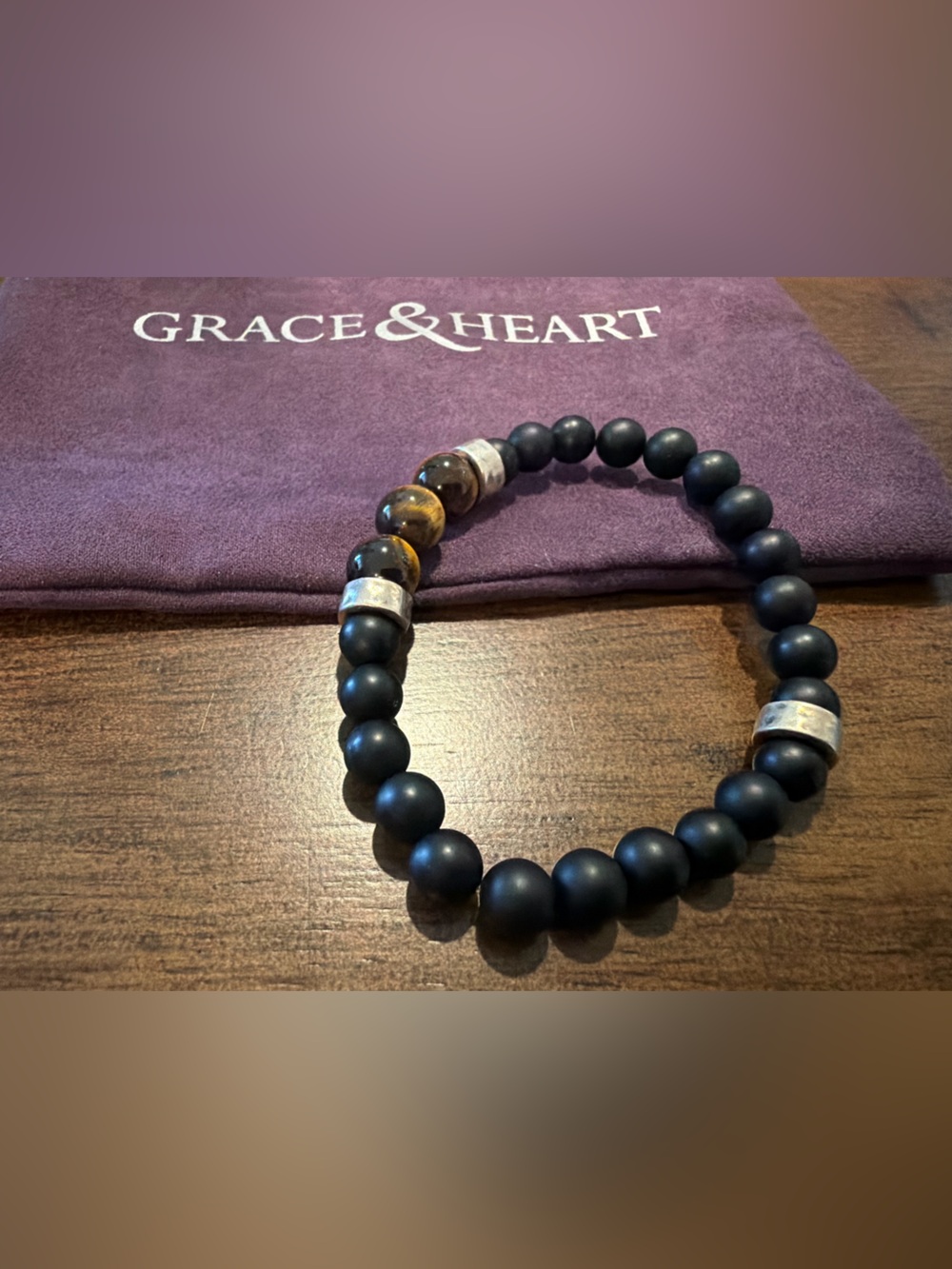 Grace & Heart Black Matte Bead Bracelet with Tiger Eye Accents